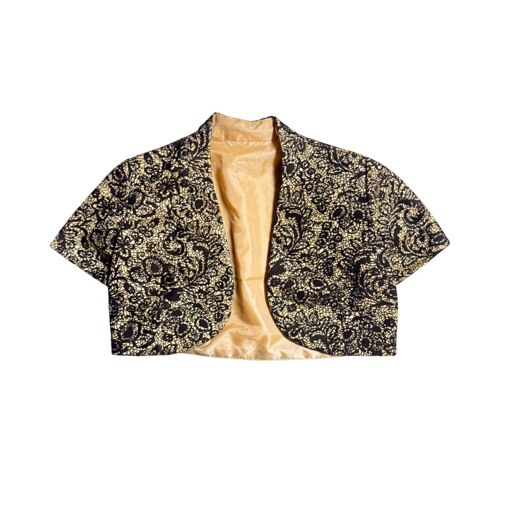 Vintage Gold Black Lace Print Cropped Shrug Bolero Jacket